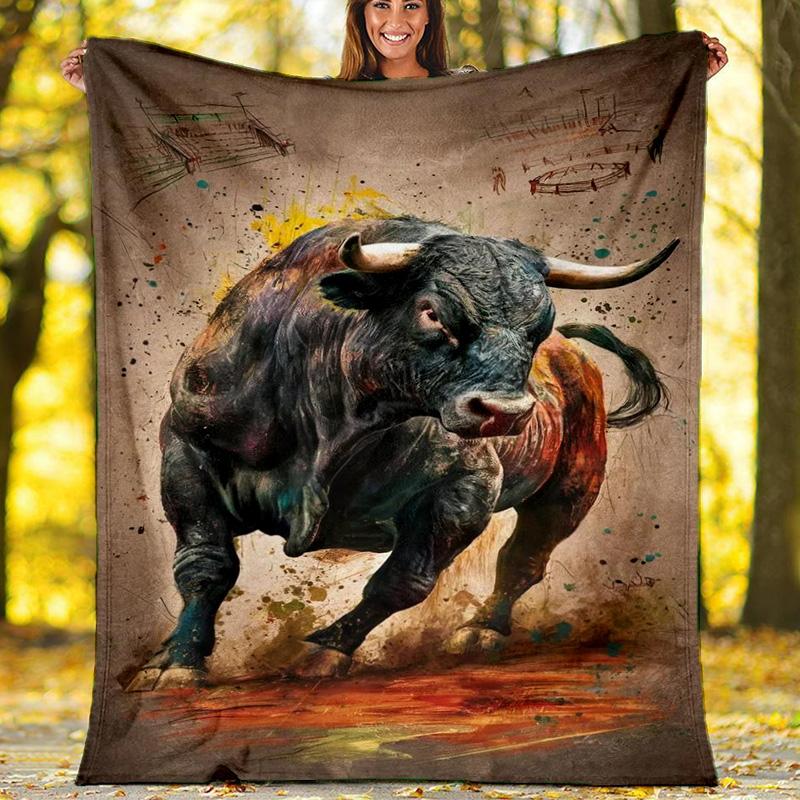 Powerful Charging Bull Ink Painting Blanket, Vintage Art Flannel Throw Blanket for Home Decor 80cm x 120cm