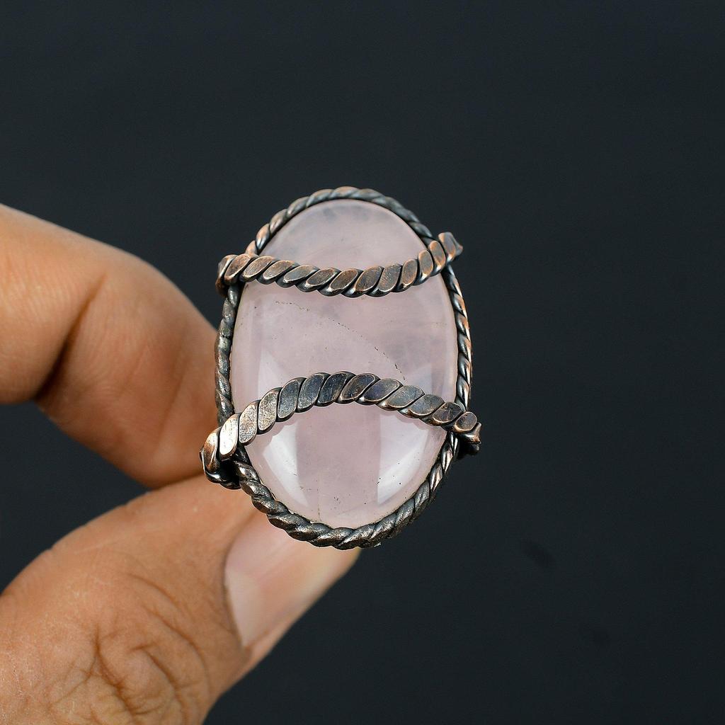 Rose Quartz Gemstone Copper Wire Wrapped Handmade Jewelry Ring Gift For Her