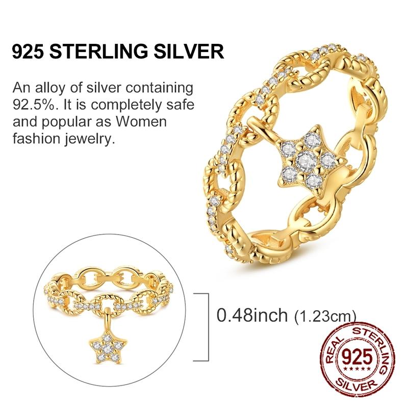 Original 925 Sterling Silver Golden Star Chain Rings for Women Girls Jewelry Birthday Anniversary Gifts