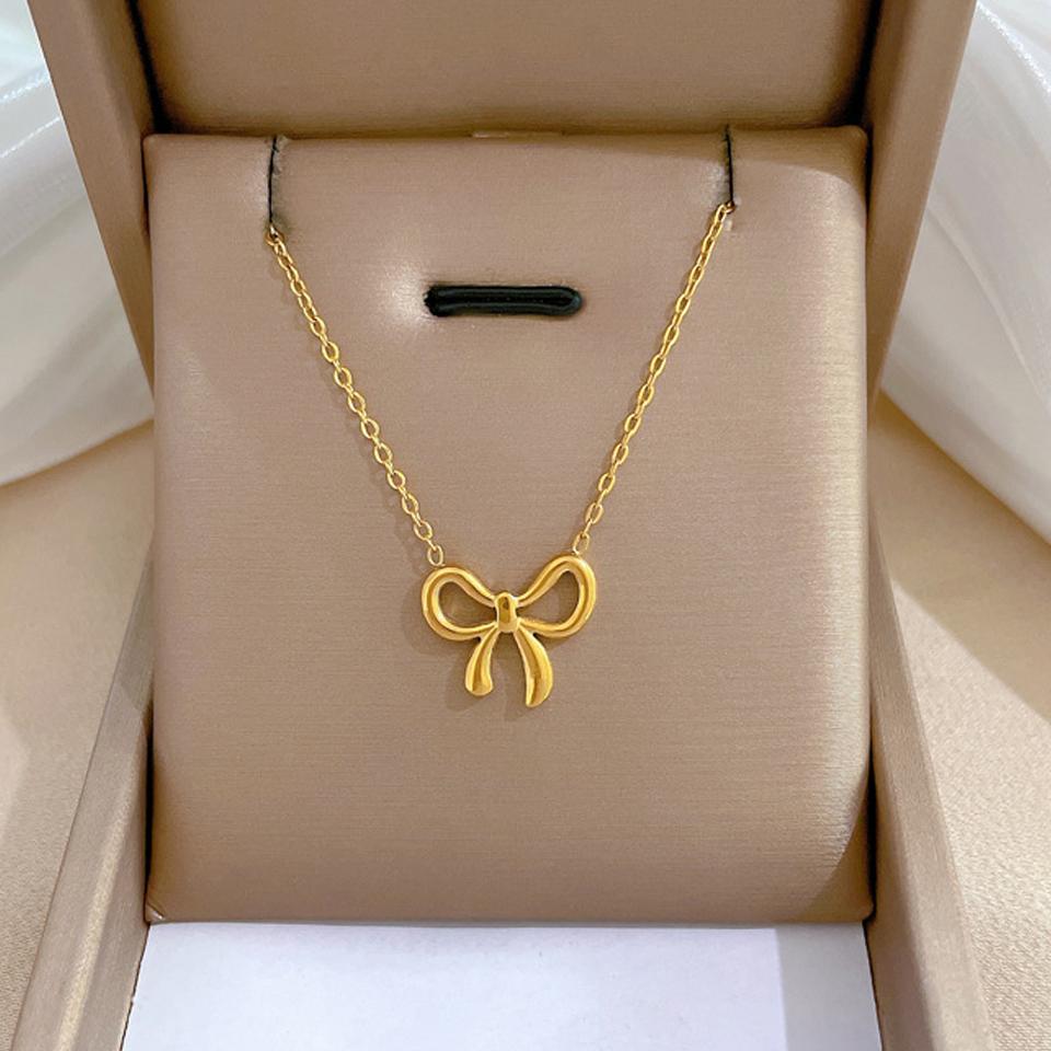 Yupsk Minimalist Korean Fashion Stainless Steel Bowknot Necklace for Women Delicate Bow Tie Charm Choker Necklaces Girls Gift