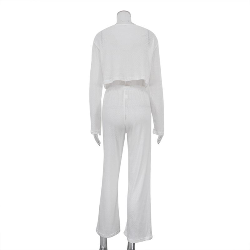 New Solid Color Knitted Jacquard Long Sleeve Open Umbilical Pajama Pants Two Piece Comfortable Home Clothes for Women