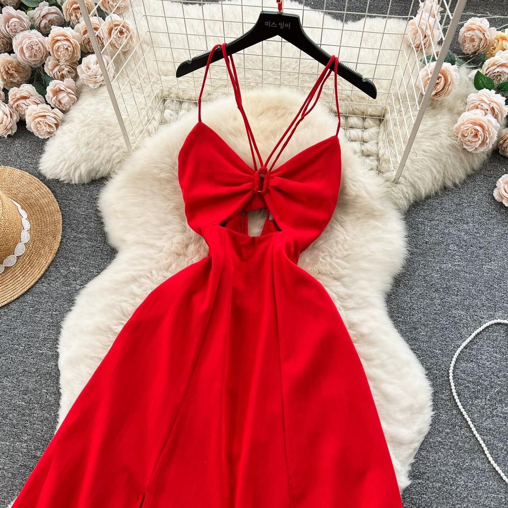 Design Hollow-out Wrap-around Hanging Neck Dress Scheming Strap Slim Fit Long Over-the-Knee Split Vacation Suspender Dress