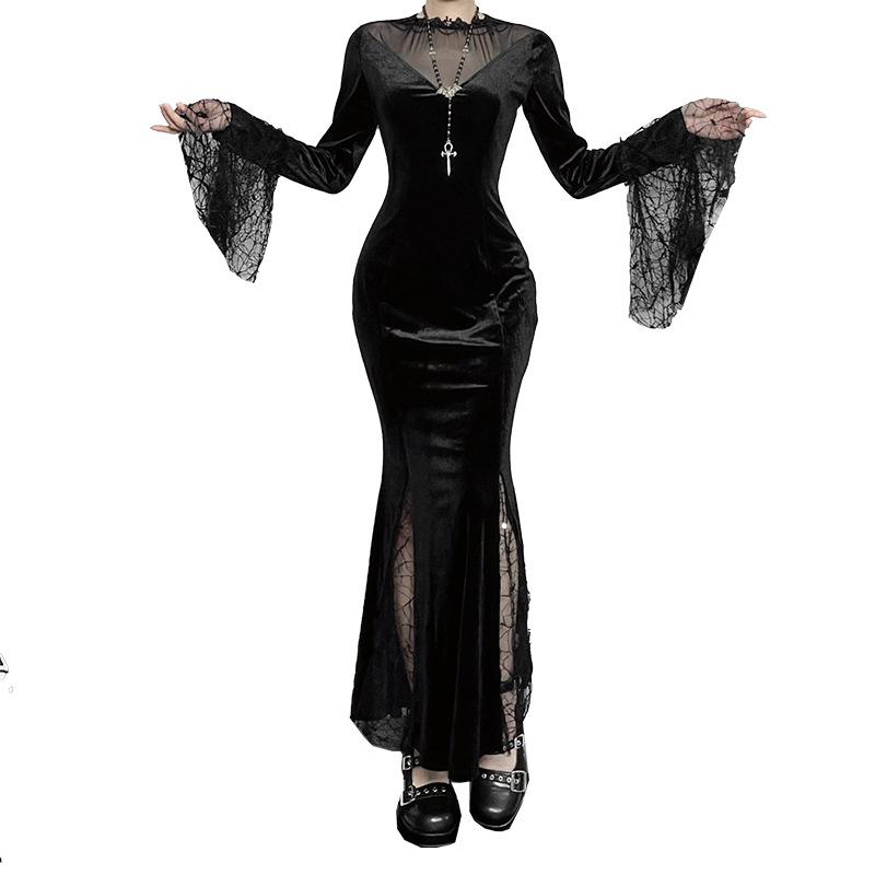 AltGoth Gothic Dark Halloween Velvet Dress Women Vintage Fairy Grunge Lace Patchwork Flare Sleeve High Waist Evening Party Dress
