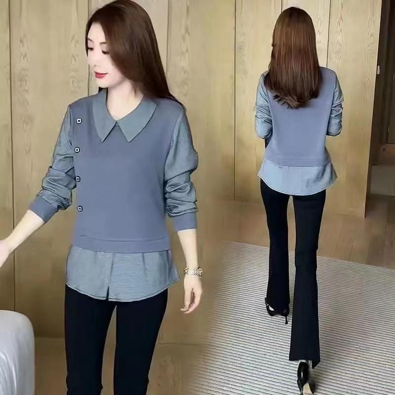 Women's Spring Elegant Commuter Age Reducing Shirt Long Sleeve Colour Blocking Pullover Top