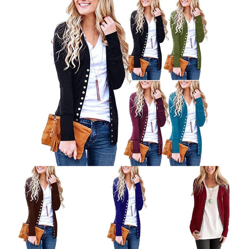 Premium Women V Neck Cardigan Coat Slim Fit Button Plain Cotton Blend Jacket Outwear Top