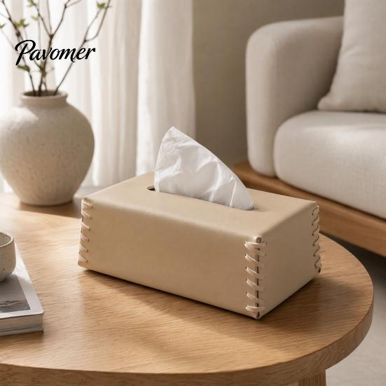 Nordic Style Tissue Box PU Leather Holder, with Hand-stitched Edges Design, Modern Smooth Paper Extraction Case for Home Office Decorative Holder