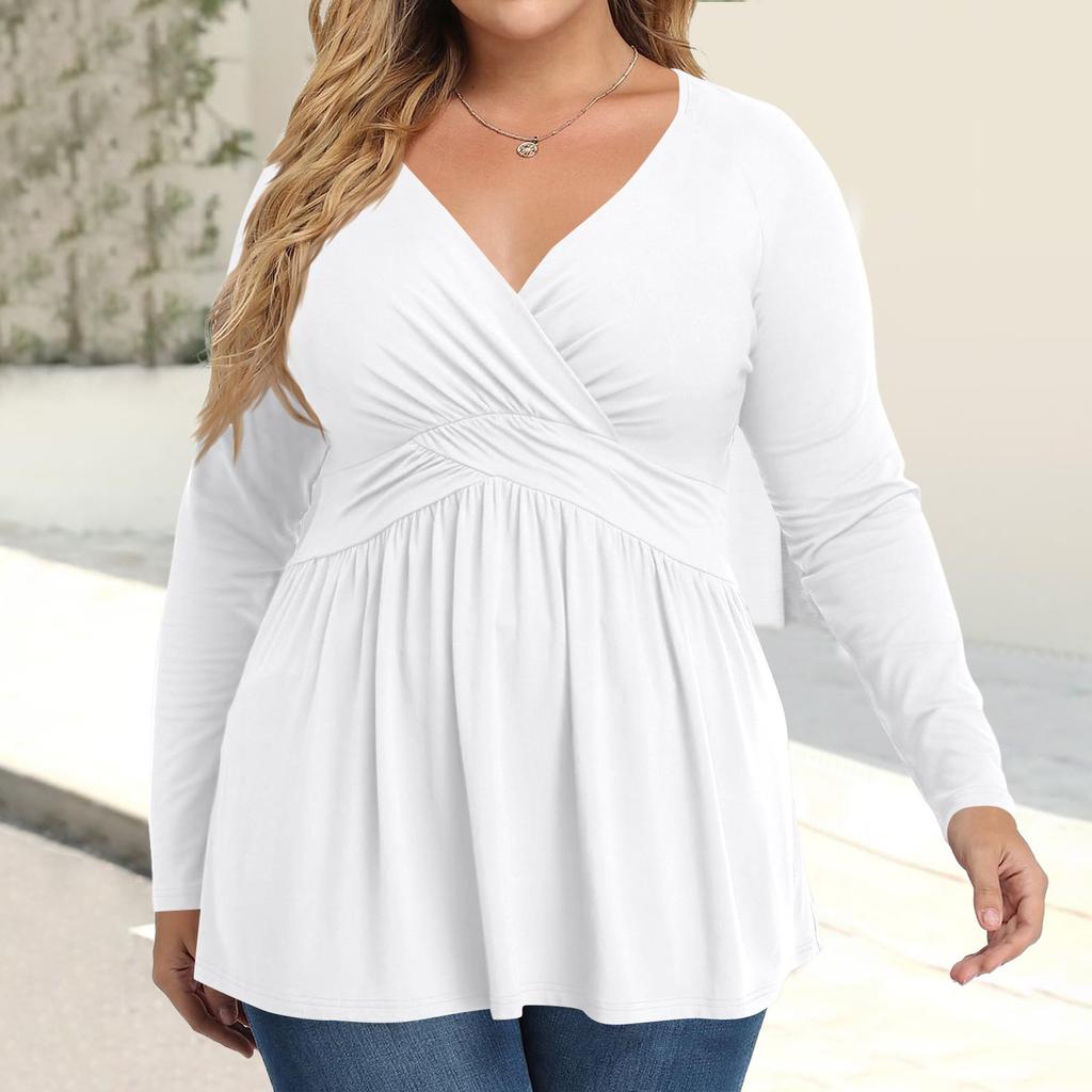 Women's Plus Size Shirt Long Sleeve  Print Top Pleated Casual V-Neck Top