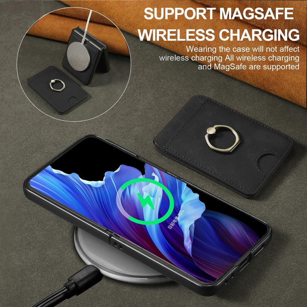 For Samsung Galaxy Z Flip5 5G Magnetic Case PC+PU Phone Back Cover with Detachable Card Holder
