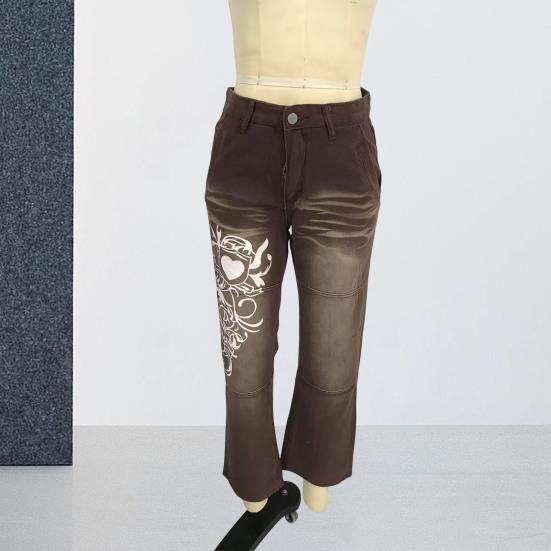 Women Jeans Mid Waist Irregular Individual Printing Retro Style Straight Wide Leg Patchwork Full Length Trousers for Vacation Travel