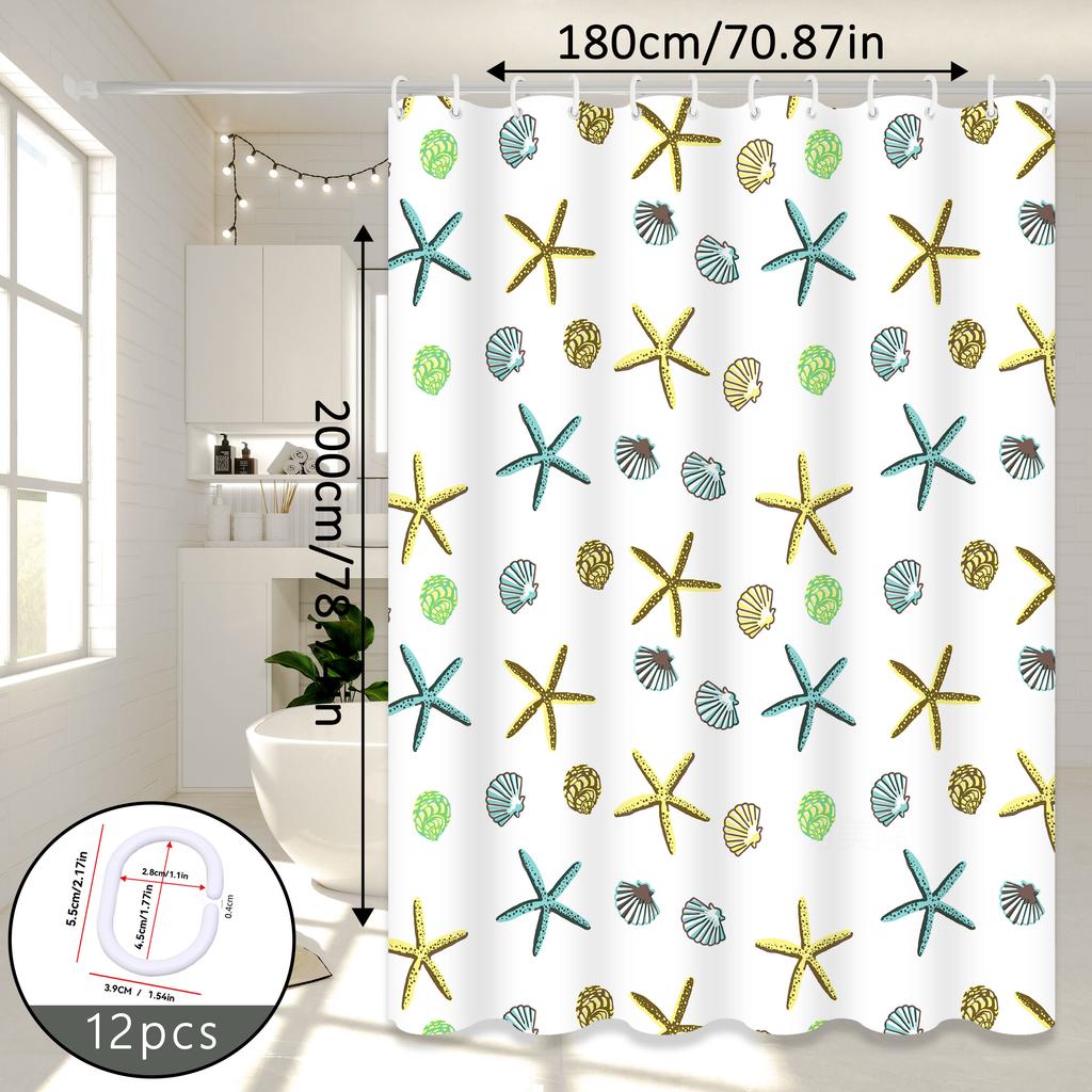 Starfish Fun Pattern Shower Curtain, Fresh Ocean Style Bathroom Partition Curtain, Great Item For Rental House Renovation And Bathroom Soft Decoration