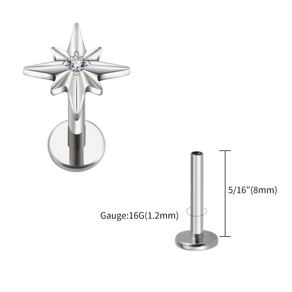 Right Grand ASTM F136 Titanium 16G Sparkling CZ North Star Stud Earring Labret Cartilage Tragus Helix Conch Lobe Piercing
