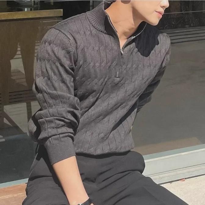 Men's Trendy Cable Knit Zipper Sweater: Loose Fit Half Turtleneck Pullover for Autumn and Winter