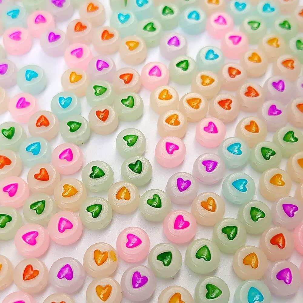 100/300/500pcs 4x7mm Colorful Luminous Round Heart Pattern Beads Mixed Plastic Shape Loose DIY Beads for Jewelry Making Bracelets Necklaces Key Chains