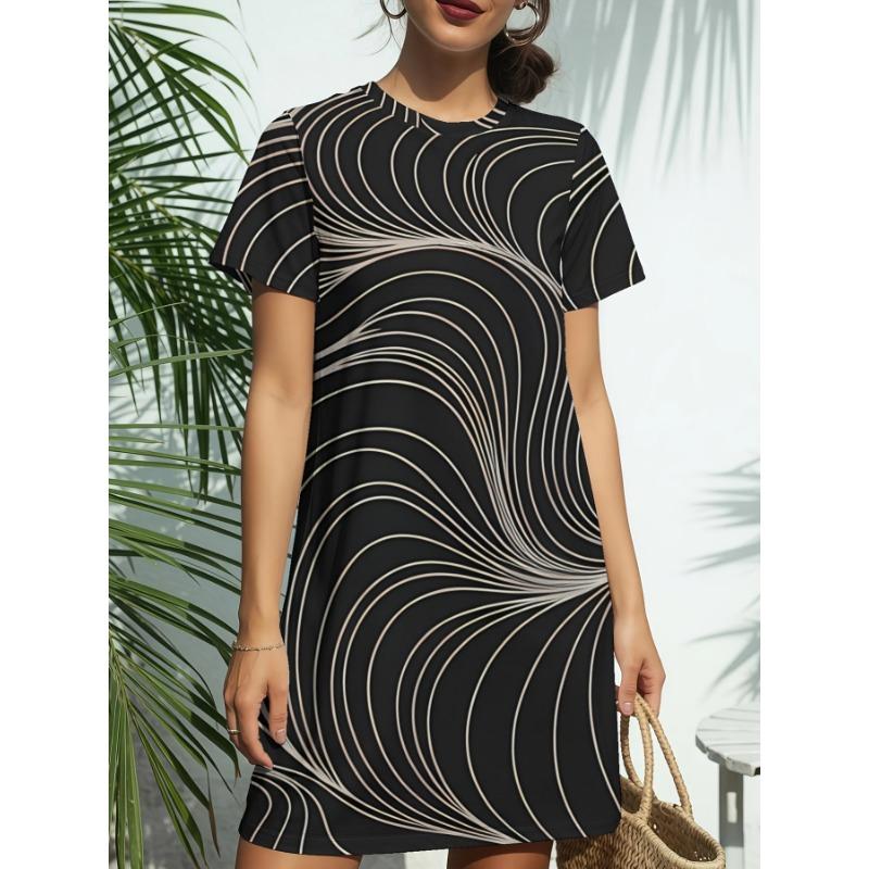 Plus Size, Women's Plus Size Crinkle Loose Fit Crew Neck Straight Cut Printed Dress, Comfortable and
