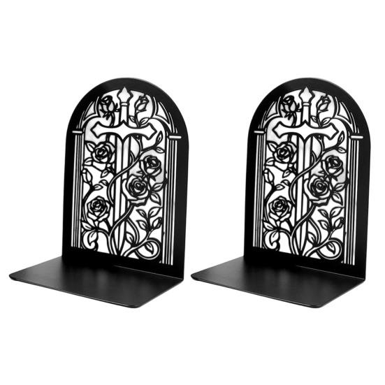 1 Pair Flower Metal Bookends Decorative Flower Vase Book Ends for Shelves Black