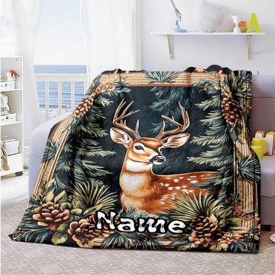 Pine Cones Deer Customize Text Blanket Cozy Personalized Blanket Soft & Cozy Throw For Sofa Nap Picnics Bedding Four Seasons Multipurpose