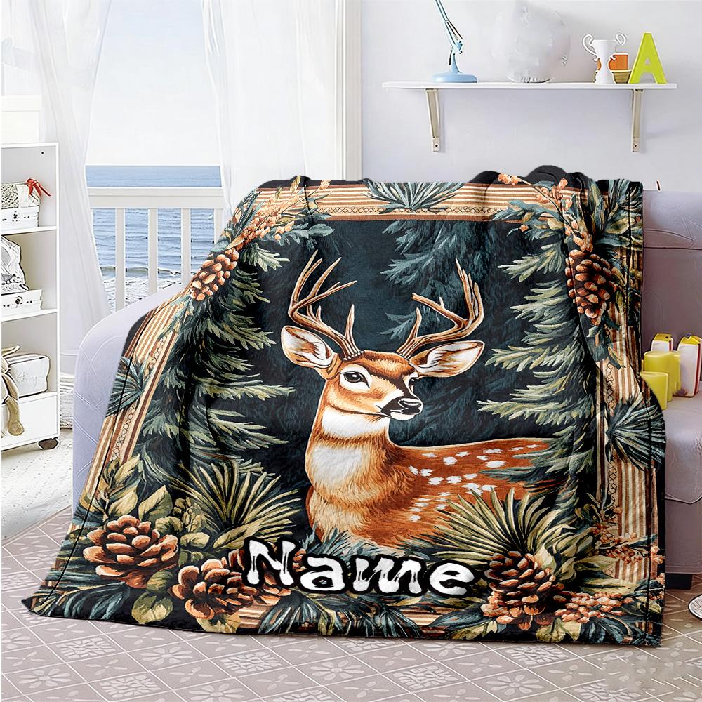 Pine Cones Deer Customize Text Blanket Cozy Personalized Blanket Soft & Cozy Throw For Sofa Nap Picnics Bedding Four Seasons Multipurpose