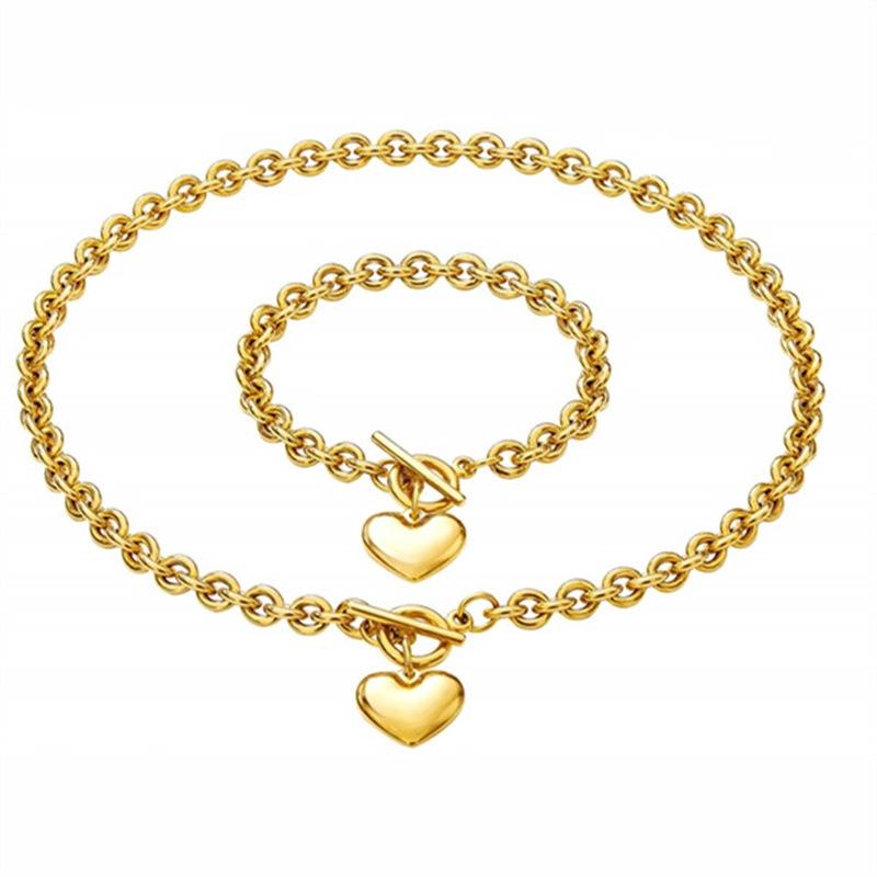 Simple and Trendy OT Snap-on Glossy Smooth Stainless Steel Heart Pendant Necklace and Bracelet for Both Men and Women