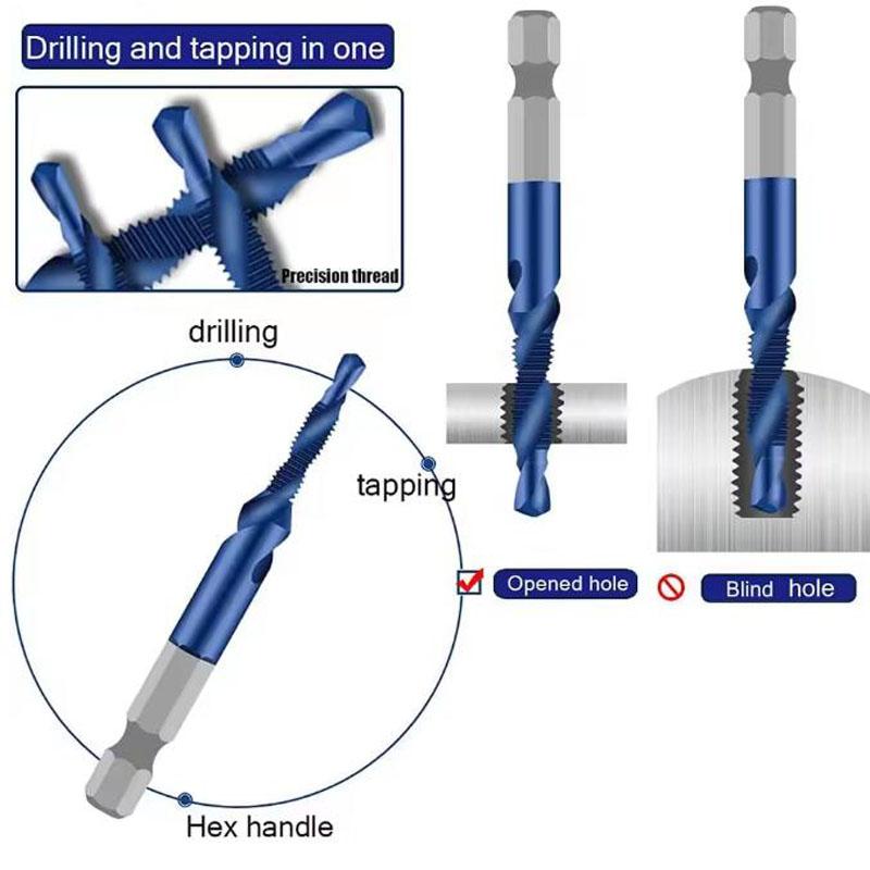 6pcs M3-M10 Screw Tap Drill Bits Hss Taps Countersink Deburr Set Metric Combination Bit High Speed Steel 1/4 IN Quick Change Hex
