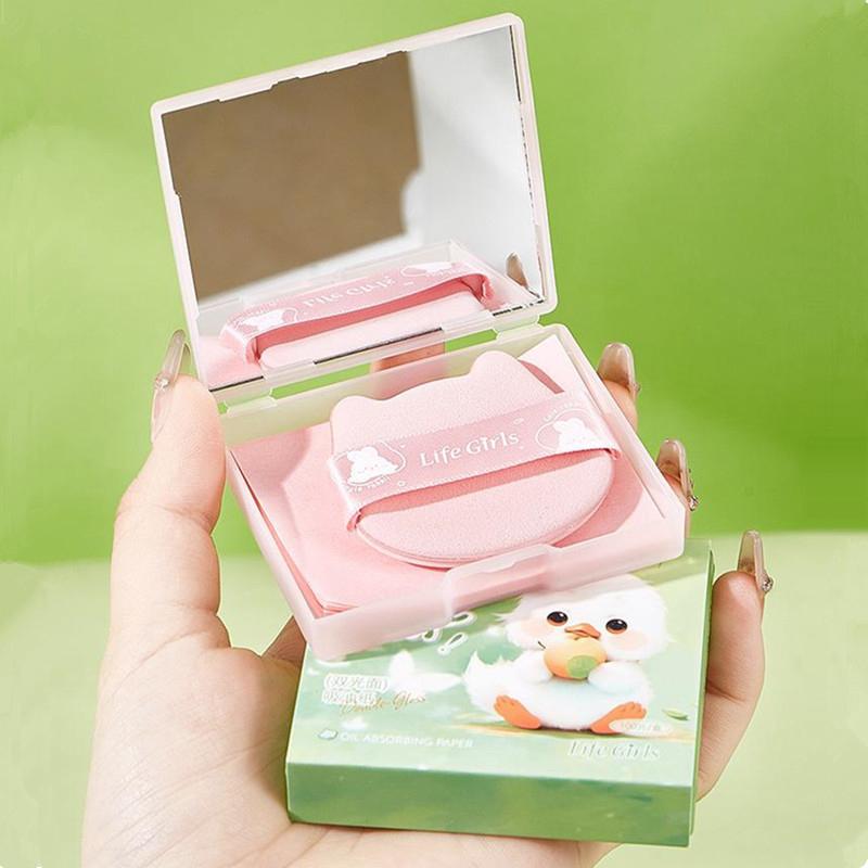 100 Sheets Facial Oil-Blotting Paper With Case Mirror Puff For Makeup Setting Portable Oil-Control Oil-Absorbing Wood Pulp Paper