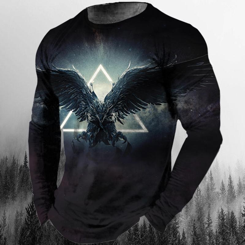 Spring and Autumn Round Neck 3D Animal Eagle Graphic Printed Top Fashionable Casual Hip Hop Long Sleeved Men's T-shirts