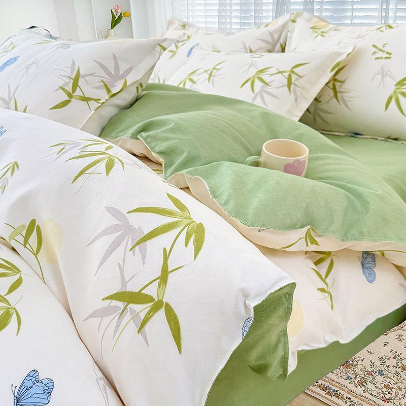 Simple Class A Washed Cotton Four-piece Bedding Set Princess Style Printed Quilt Cover Dormitory Bed Sheet Three-piece Quilt Cover
