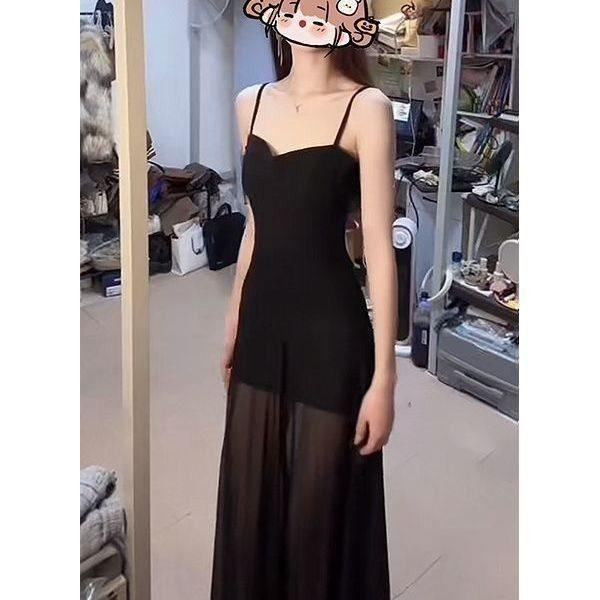 Black Knit Dress For Women With Lace Mesh Detailing And Slim Fit For Spring Fashion