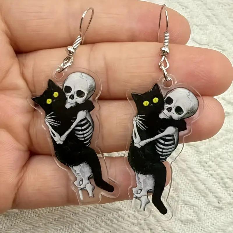1 Pair of Skeleton Cat Earrings Halloween Ornaments Flat Acrylic Horror Personality Exaggerated Skeleton Earrings