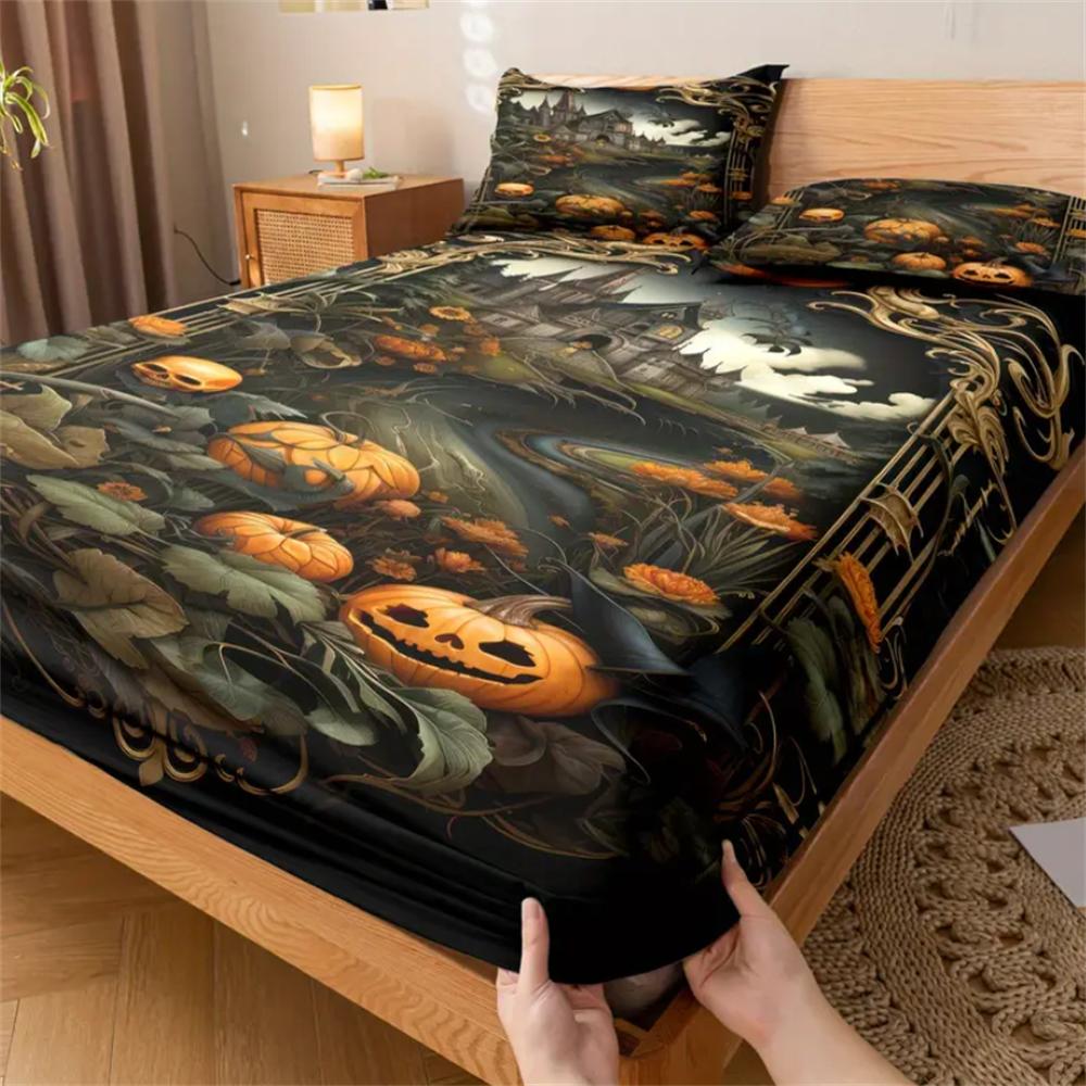 Halloween Pumpkin Castle Theme Bedding Set - 3-Piece Polyester Fitted Sheet & Pillowcase Set, Breathable All-Season Quilted