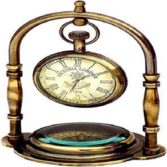 Brass Vintage Victoria London 1876 Desk Clock and Shelf Clock with Compass Victoria Stand Watch