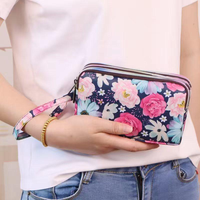 Drei-Schichten Große Lange Geldbörse für Damen Handytasche Stoff-Münzbeutel Handgelenktasche Tragbare Aufbewahrungstasche für den täglichen Gebrauch