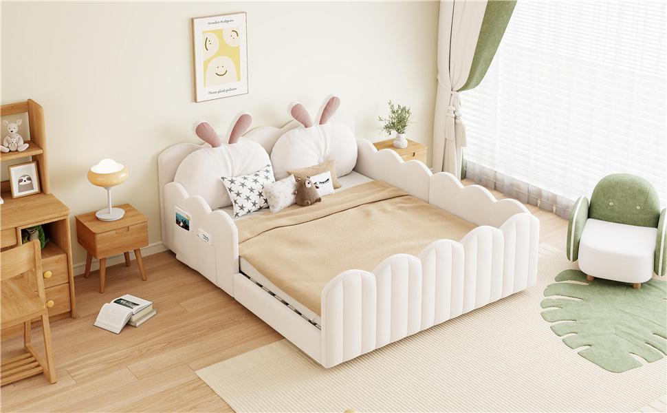 140x200 Upholstered Platform Bed with Rabbit-Shaped Cushion, Beige