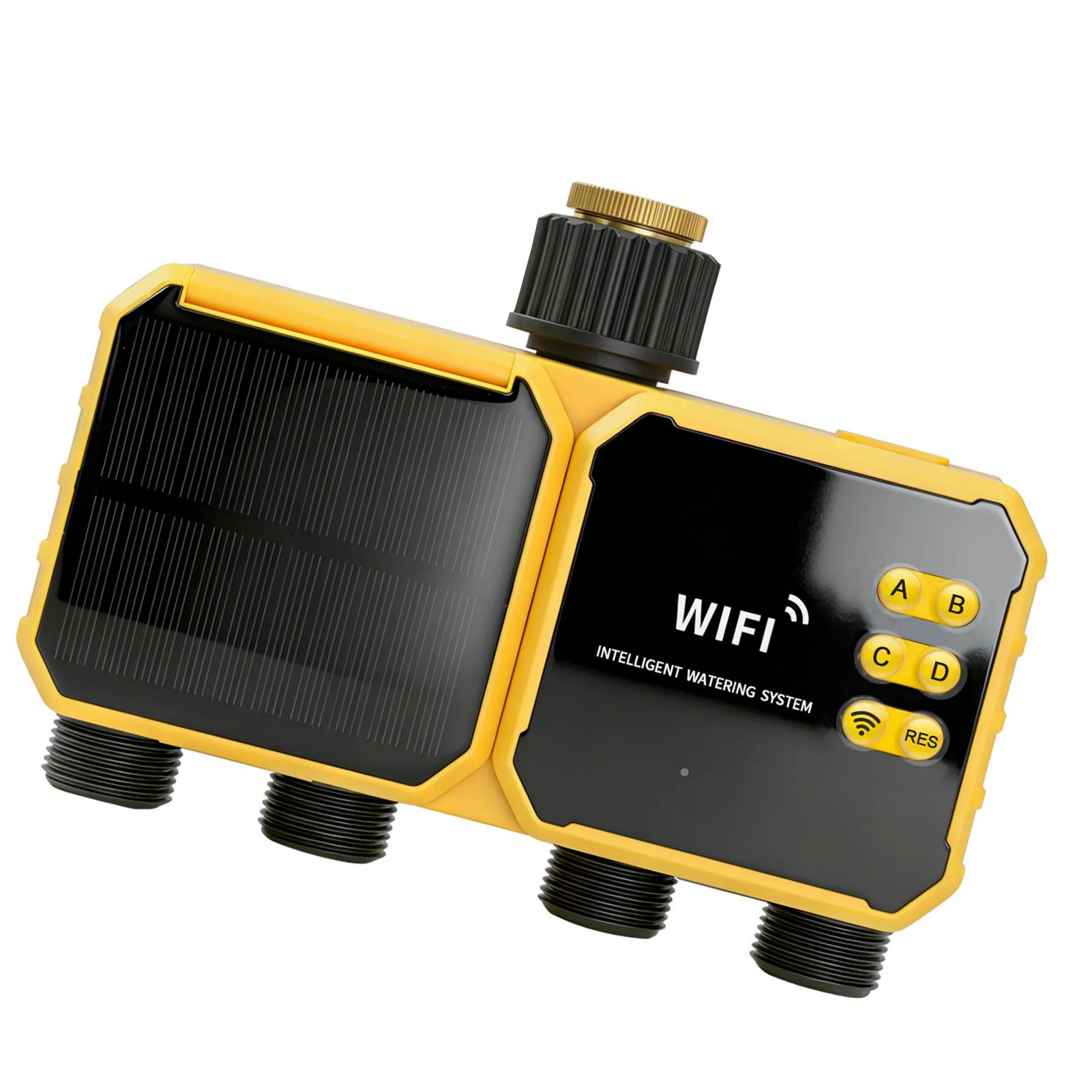 

Sprinkler Timer 4 Zone, Solar WiFi Water Timer with APP Remote Control, Rain Sensing Function, 90 degrees Adjustable
