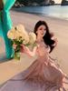 French Waist-Hugging Spaghetti Strap Evening Dress with Full Skirt
