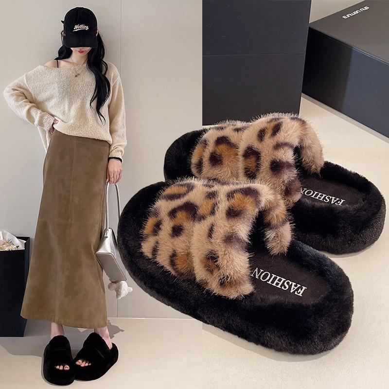 Wool slippers women wear new trendy women's shoes in autumn, one-line platform plush cotton slippers for women