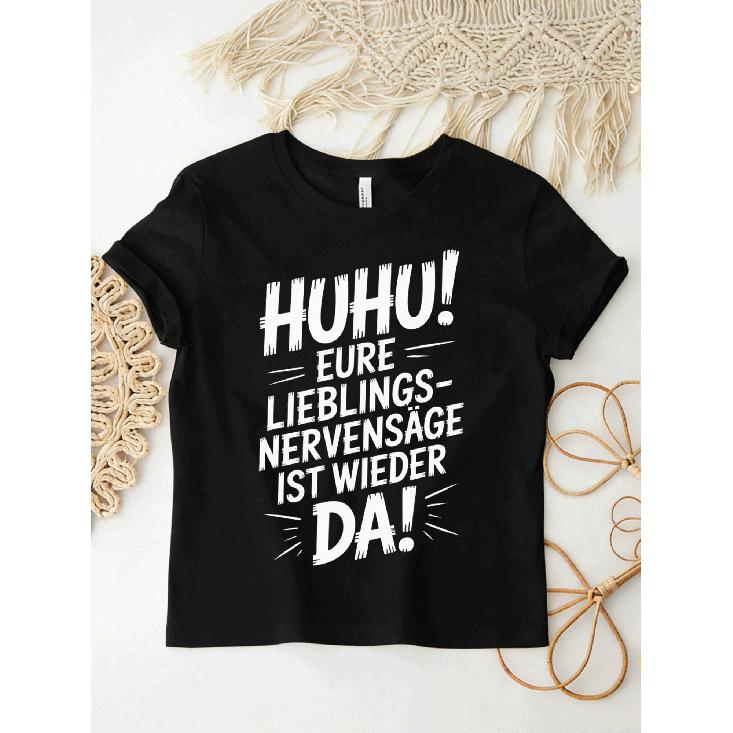 Women s black short-sleeve t-shirt with bold white german graphic print, crew neck, relaxed fit, soft cotton feel, humorous statement design for S