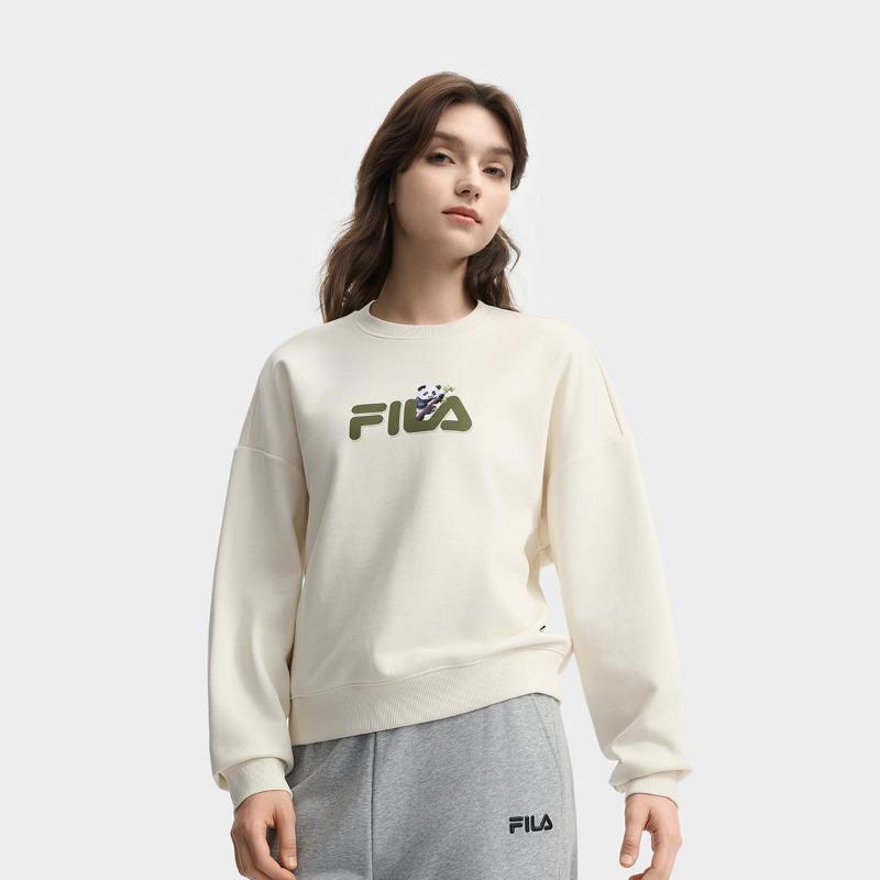 FILA HERITAGE Panda Embroidery Trendy Casual Versatile Crew Neck Pullover Sweatshirt Women Vapor White F51W538201FIV