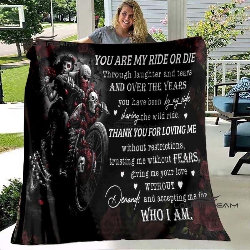 Deka na motorku Skeleton Ride or Die Skull Flanelová načechraná plyšová deka, dárky pro přátele, prostěradlo Sofa Travel Camping Deka