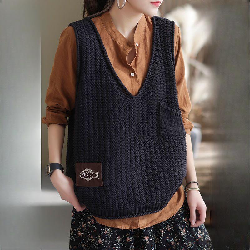 Women's Korean-Style Loose Outer-Wear Versatile V-Neck Pullover Thin Hollow-Out Sleeveless Knitted Sweater Vest Cardigan Trendy
