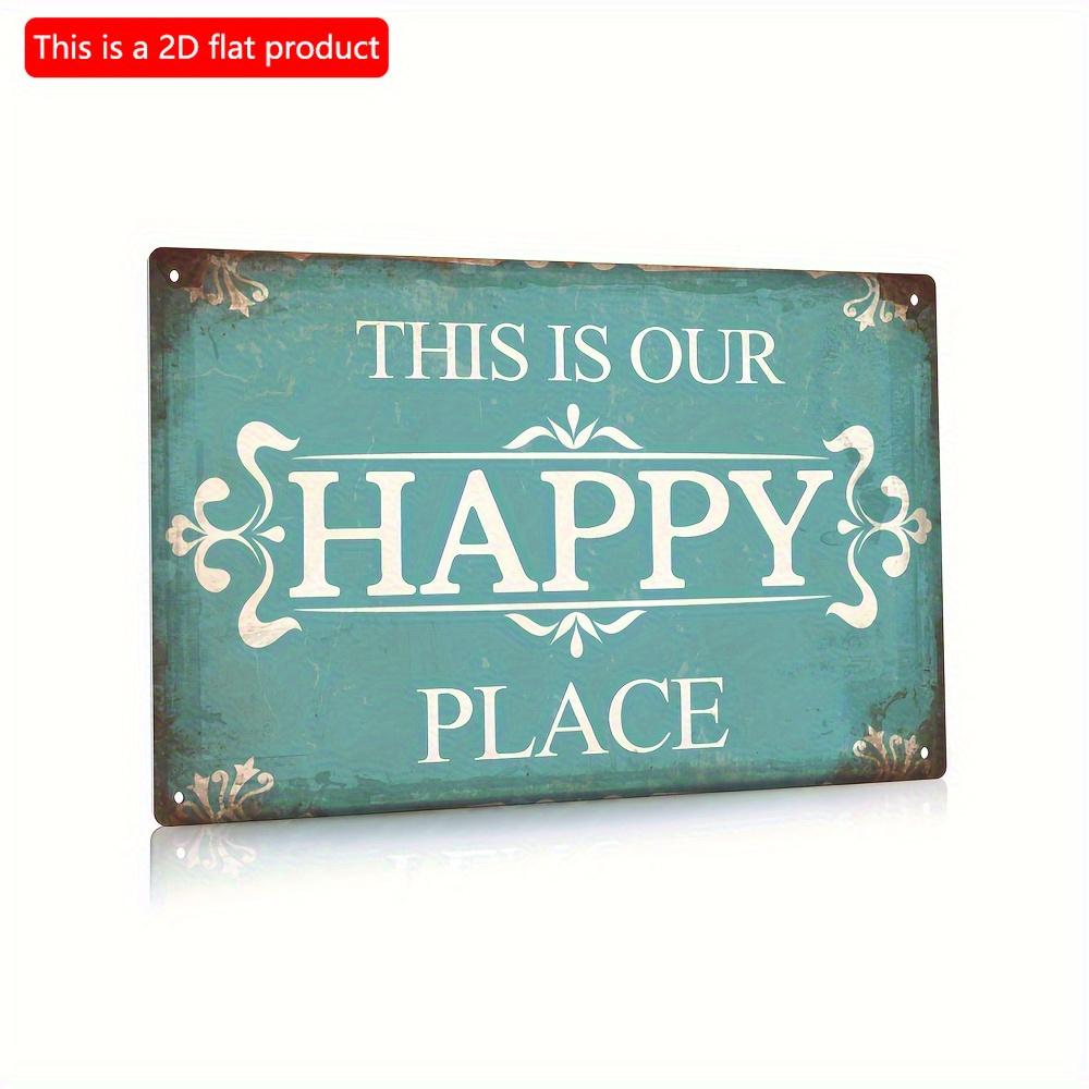 2D Flat Wooden 30*20cm Rustic Wall Sign - "This Is Our Happy Place" Plaque for Porch, Home & Farmhouse Decor, Teal Background with Stylish Lettering