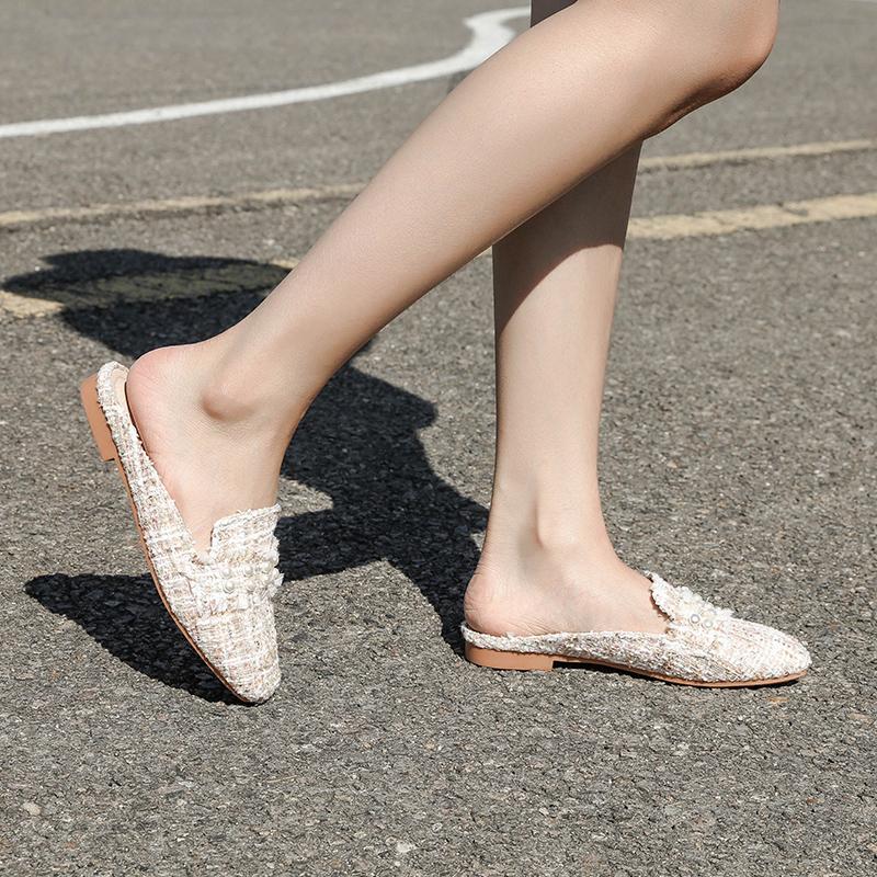 Fashion Aphixta 2025 New Summer Pearl Women Slides Ladies Shoes Flat Heel Cool Fashion Bow Fabrics Footwear Slippers Plus Big Size 43