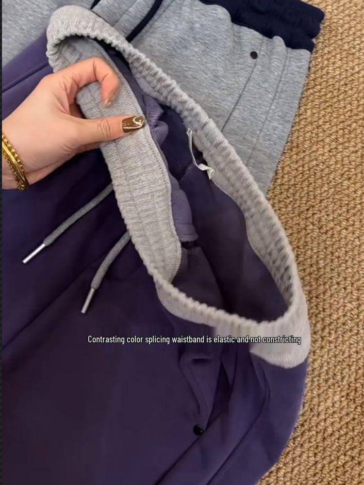 Women's Plus Size Purple Velvet Cuffed Sweatpants - Autumn/Winter Slimming Straight Leg