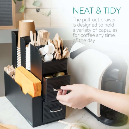 Navaris Organizer Cup Stand, Paper Cup Holder, Cup Dispenser - Coffee Station Storage Drawer, 31x13x28cm, Black