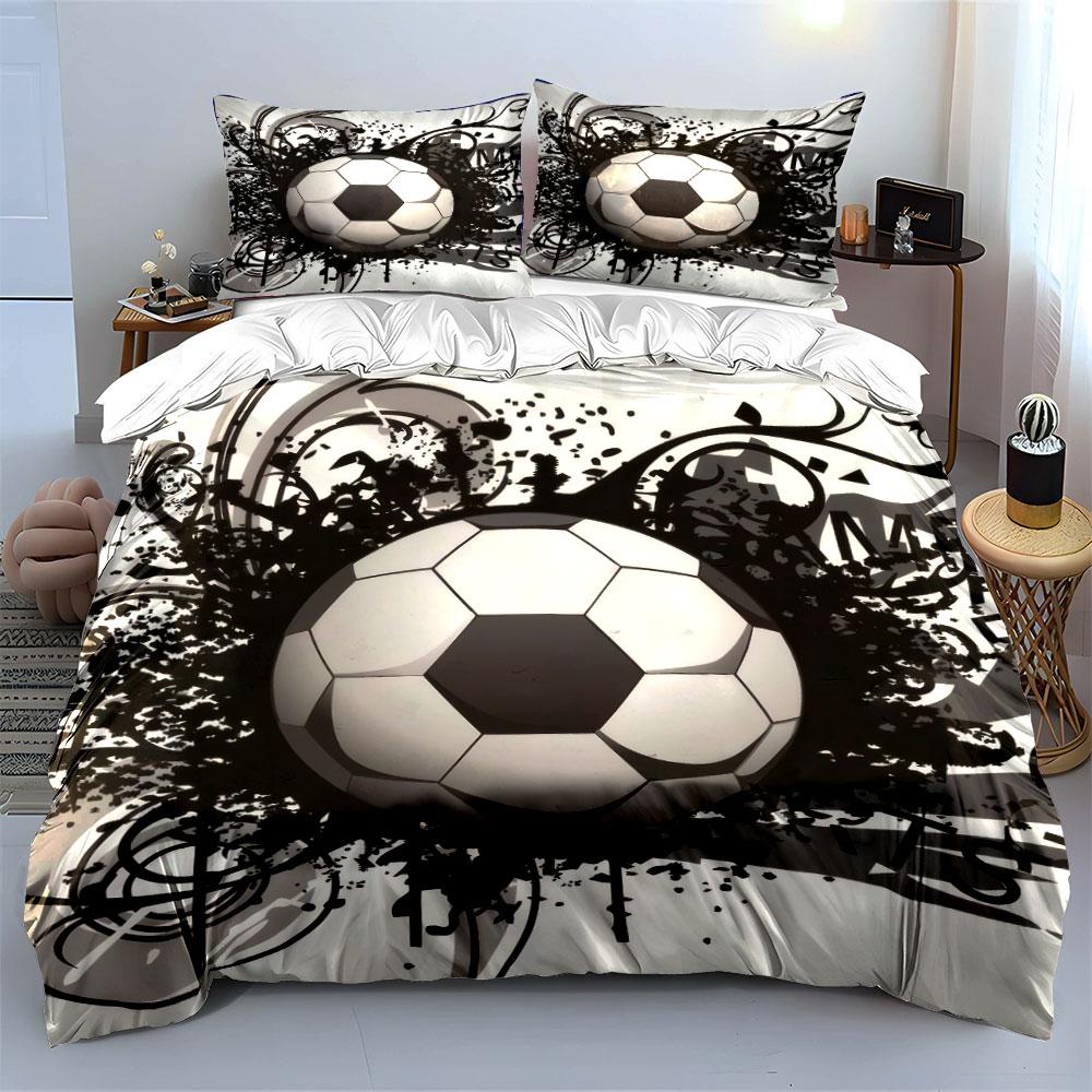 Black And White Grunge Soccer Ball 3Pcs Bedding Set Soft Microfiber Duvet Cover Pillowcase Set For Cool Sports Fans Bedroom