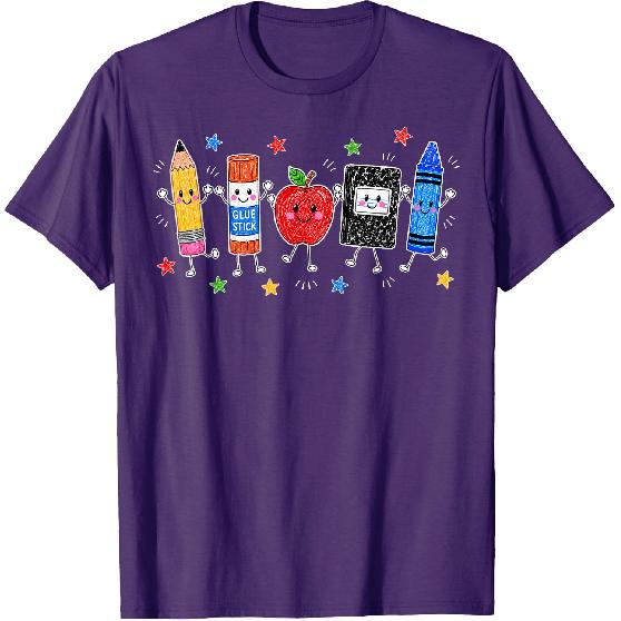 Back to School Cute Pencil Crayon Apple Teacher Boy Girl Kid T-Shirt