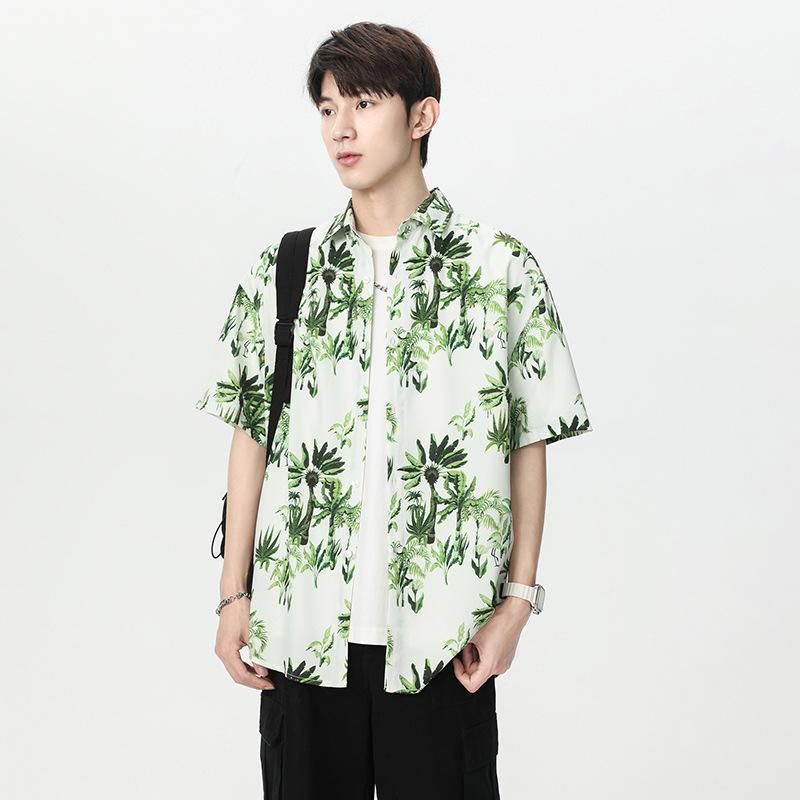 Men's Oversized Palm Tree Print Short Sleeve Shirt - Green Hawaiian Casual Button Down Top