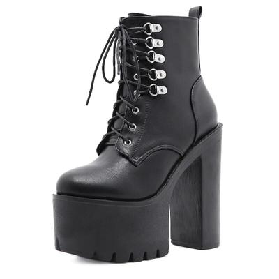 Autumn 2024 Front Lace Up High Heel Thick Bottom Waterproof Platform Boot Thick Heel Short Boot Lhx