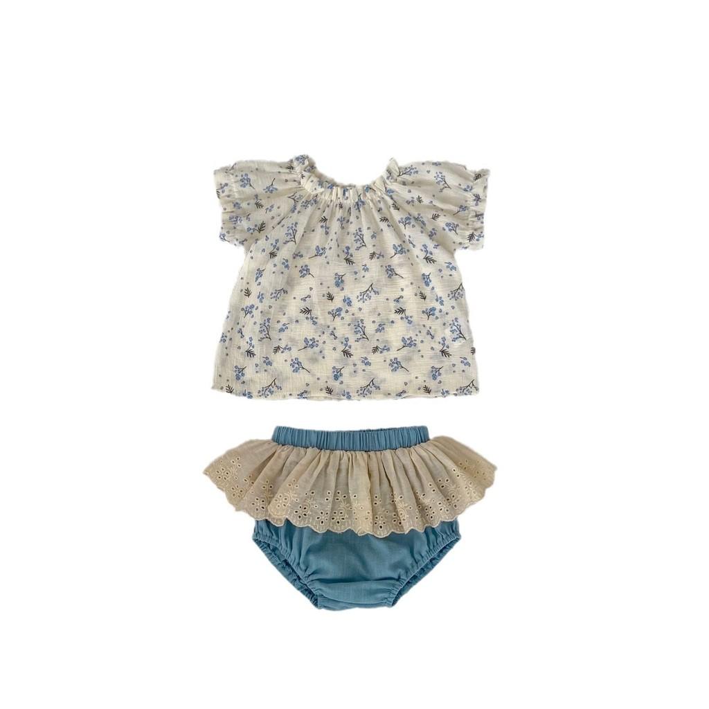 Charmantes 2024 Sommer Baby Mädchen Blumenmuster Kurzarm Bluse Und Rüschenshorts Outfit Set Für 1 Bis 3 Jahre