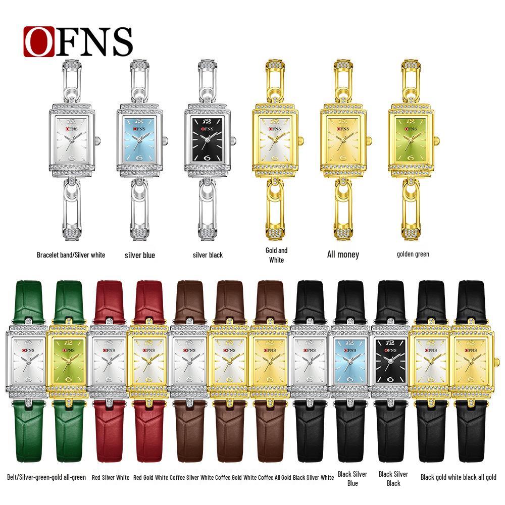 OFNS Women's Luxury Square Leather Strap Watch - Waterproof Quartz with Diamond Detailing