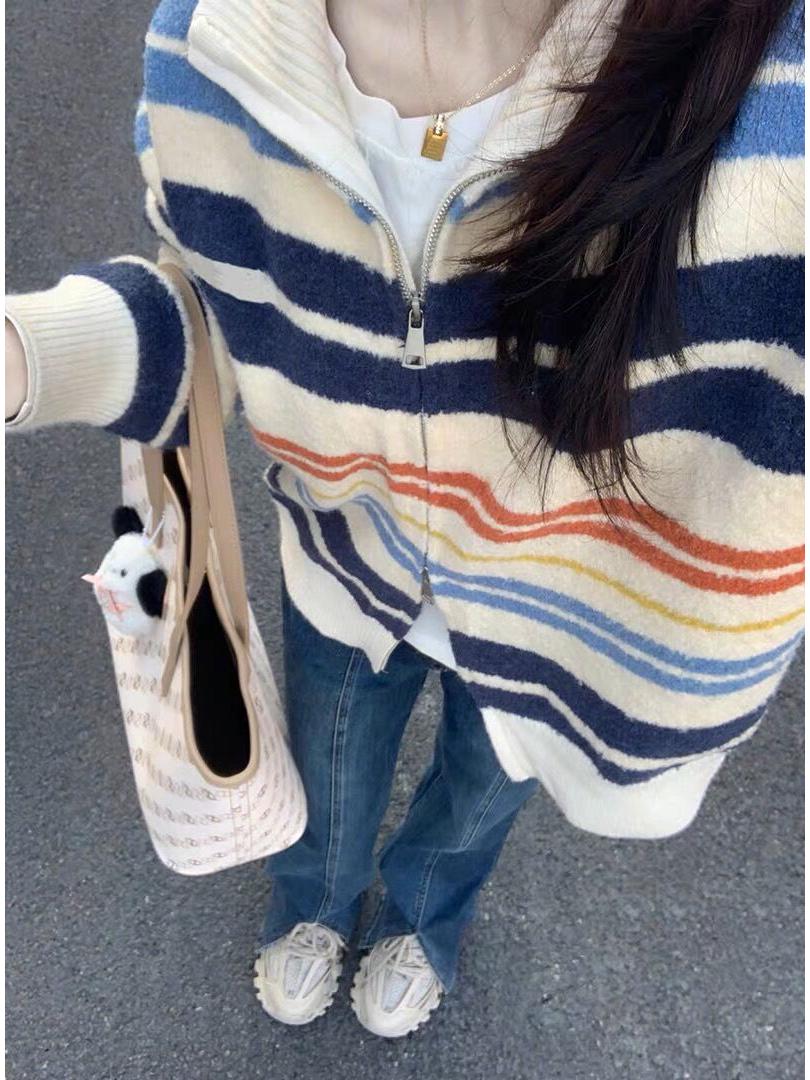 

Вязаный кардиган на молнии в ретро радужную полоску с отложным воротником - Женский осенний трикотаж S